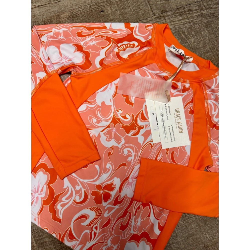 Grace Karin Kids Orange Floral Long Sleeve Rash Guard Swim Top NWT Size‎ 8